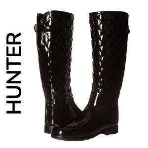Hunter Glossy Black Quilted Knee-High Boots US Size 10